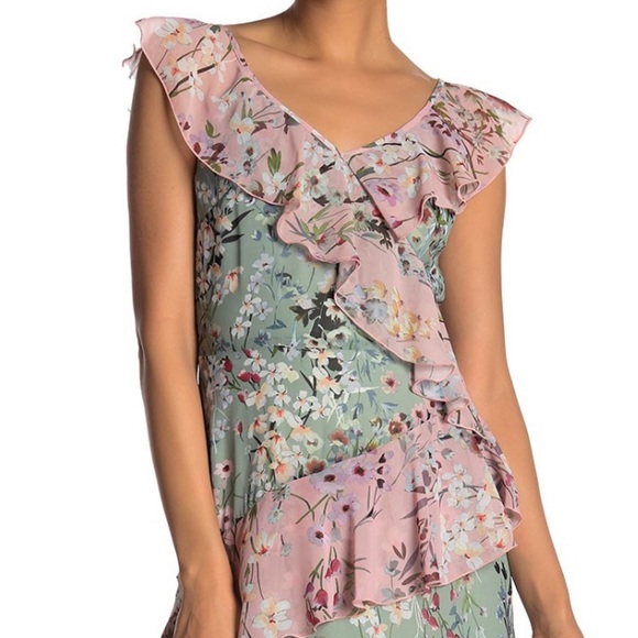 Maggy London Coral/Sage Floral Ruffle Dress - Picture 4 of 8